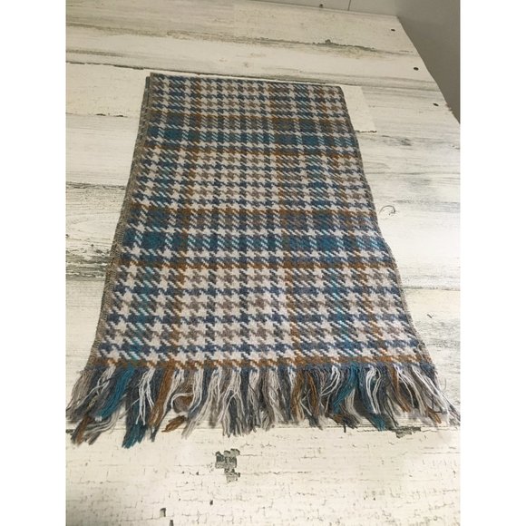 Blue tan plaid 8”x59” scarf with fringe - Picture 2 of 4